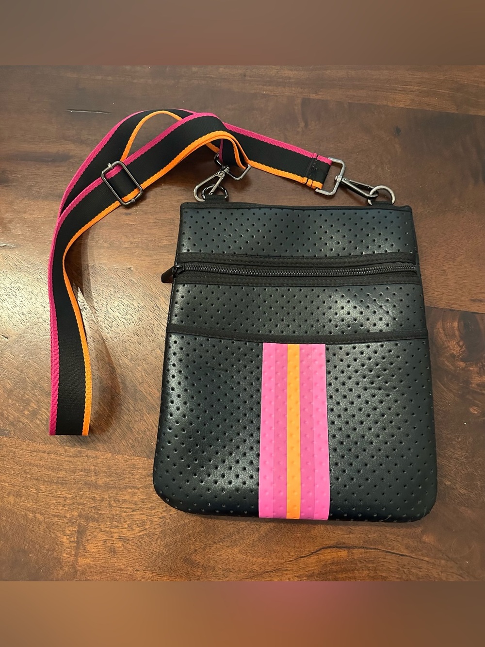 Boutique Pink & Orange Striped Neoprene Crossbody Bag EUC